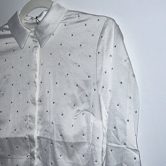 White Satin button front Rhinestone Womens Blouse size Small - Picture 5 of 12
